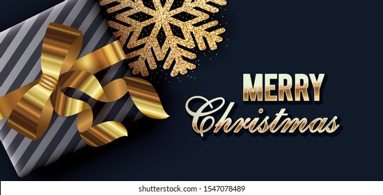 merry christmas calligraphy card with gift and golden ribbon vector illustration design