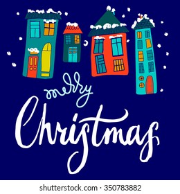 merry christmas, calligraphy, card, home, snow, winter, house