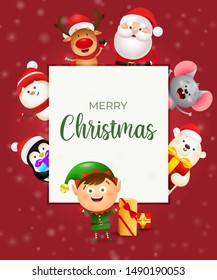 Merry Christmas calligraphy. Celebration banner designer in frame with smiling elf and other characters. Handwritten text can be used for placard, brochure, greeting card