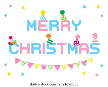 Merry Christmas calligraphy decorated with a hat, garland and star confetti