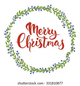 Merry Christmas calligraphy. Christmas floral frame. Christmas card. 