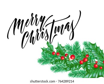 Merry Christmas calligraphy font on white premium background for winter Xmas holiday design template. Vector Christmas tree holly wreath decoration for New Year season