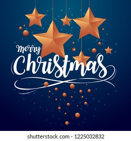 Merry Christmas calligraphy with golden star and round shape vector illustration on gradient dark blue background