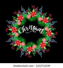 Merry Christmas calligraphy greeting card. Handwritten modern brush lettering. Hand drawn design elements. Vector illustration