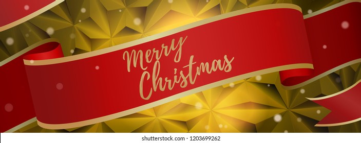merry christmas calligraphy greeting text on red ribbon and golden abstract triangular with snow and lighting mood for christmas event banner