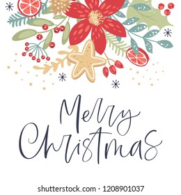 Merry Christmas calligraphy with hand drawn decorative frame. Vintage style.