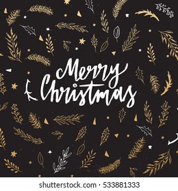 Merry Christmas. Christmas calligraphy with hand drawn decorative elements in vintage style with gold texture