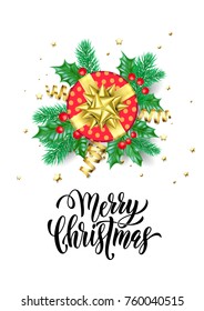 Merry Christmas calligraphy hand drawn text for greeting card background template. Vector Christmas tree holly wreath decoration, red gift and golden confetti ribbon on premium white design