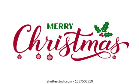 Merry Christmas calligraphy hand lettering with holly berry mistletoe isolated on white. Winter holidays typography poster. Vector template for banner, greeting card etc.