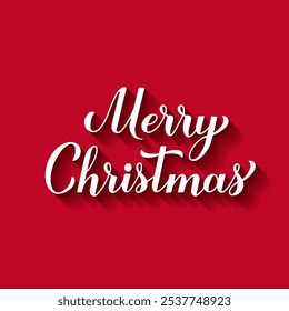 Merry Christmas calligraphy hand lettering on red background. Winter holidays quote. Vector template for typography poster, banner, greeting card, sticker, etc