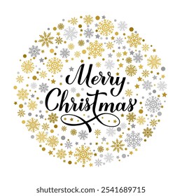 Merry Christmas calligraphy hand lettering with gold and silver snowflakes, stars and dots. Winter holidays quote. Vector template for typography poster, banner, greeting card, sticker, etc