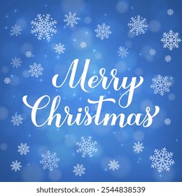 Merry Christmas calligraphy hand lettering on blue background with bokeh and snowflakes. Winter holidays quote. Vector template for typography poster, banner, greeting card, etc