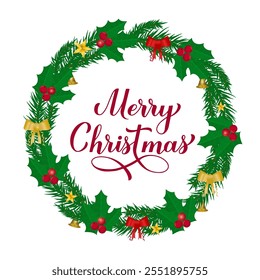 Merry Christmas calligraphy hand lettering with wreath of fir tree branches. Winter holidays quote. Vector template for typography poster, banner, greeting card, etc