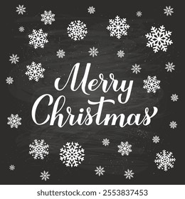 Merry Christmas calligraphy hand lettering on chalkboard background with snowflakes. Winter holidays quote. Vector template for typography poster, banner, greeting card, etc