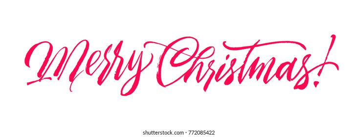 Merry Christmas calligraphy handwriting. Red on white brush pen lettering. Holiday typography