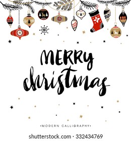 Merry Christmas. Christmas Calligraphy. Handwritten Modern Brush Lettering. Hand Drawn Design Elements.