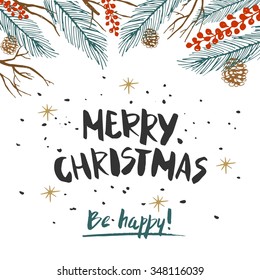 Merry Christmas. Christmas calligraphy. Handwritten modern brush lettering. Hand drawn design elements.