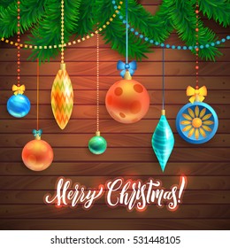 Merry Christmas Calligraphy. Happy New Year Glass Toys Decoration Frame on Wood. Space for your Text. Vector Illustration. Christmas fir tree with decoration on dark wooden board.