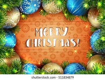 Merry Christmas calligraphy inscription. Template vector card. Fir tree with golden and blue balls on the wood table. Shiny background with garland. 