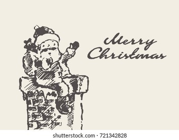 Merry Christmas calligraphy lettering card template with cute hand drawn Santa Claus on top of the chimney, vector illustration, sketch
