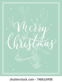 Merry Christmas-  calligraphy and lettering card with a deer  vector.