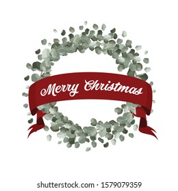 Merry Christmas calligraphy lettering. Eucalyptus Wreath and red ribbon. Isolated. Beautiful vector winter greeting card.