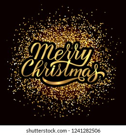 Merry Christmas calligraphy lettering gold textured background. 3d hand lettering. Holidays party disco typography poster. Vector illustration. Easy to edit template for your design projects. 