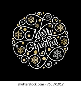 Merry Christmas calligraphy lettering and golden snowflake pattern on white background for Xmas greeting card design. Vector golden Christmas flourish swash for New Year holiday text decoration