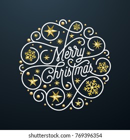 Merry Christmas calligraphy lettering and golden snowflake pattern decoration on white background for Xmas greeting card design. Vector golden Christmas sparkling for New Year holiday text.