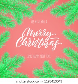 Merry Christmas calligraphy lettering greeting card. Vector New Year wish quote for winter holiday celebration in Xmas tree frame on pink background design template