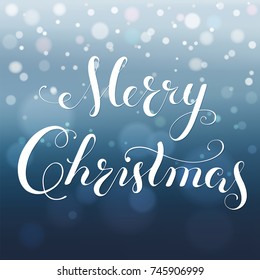 Merry Christmas calligraphy lettering. greeting card with bokeh background, blurred nowflakes and lights. Vector.