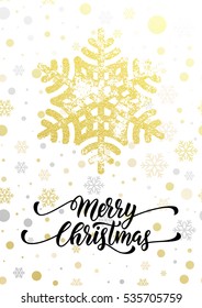 Merry Christmas calligraphy lettering for holiday greeting card. Poster with golden glitter snowflake and gold glittering snow balls pattern on white background. Hand drawn luxury premium design
