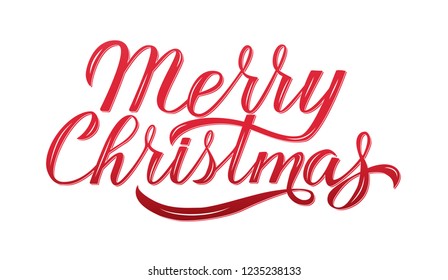 Merry Christmas calligraphy lettering isolated on white. Celebration quote hand painted with brush. Holidays party typography poster. Easy to edit vector template for banner, sign, greeting card etc.