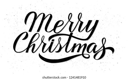 Merry Christmas calligraphy lettering white textured background. Celebrations quote hand written with brush. Holidays typography poster. Easy to edit vector template for banner, greeting card etc. 