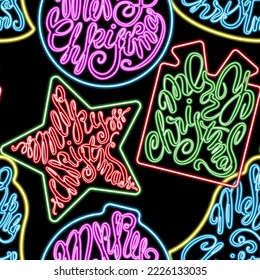 Merry Christmas calligraphy- neon-like inscriptions. Vector seamless pattern black