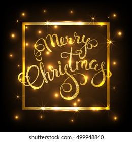 Merry Christmas calligraphy on gold frame and lights. Vector illustration.