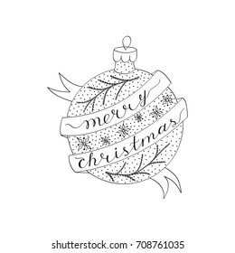 Merry Christmas calligraphy on Christmas toy. Xmas holiday sign on wavy ribbon for your artwork
