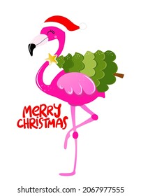 Merry Christmas - Calligraphy phrase for Christmas with cute flamingo girl. Hand drawn lettering for Xmas greetings cards, invitations. Good for t-shirt, mug, scrap booking, gift.