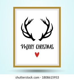 Merry Christmas - Calligraphy phrase for Xmas with raindeer antlers and red nose. Lettering for Xmas greetings cards. Good for t-shirt, mug, gift, printing press. Holiday quotes with picture frame.