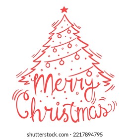 Merry christmas calligraphy with pine tree and decoration. Hand drawing christmas tree