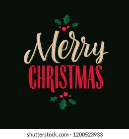 Merry Christmas Calligraphy Poster. Greeting CardTypography On Square Dark Background.