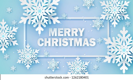 Merry Christmas calligraphy in the rectangle frame decorated with paper cut snowflakes background. Christmas greeting card. paper cut and craft style. vector, illustration.