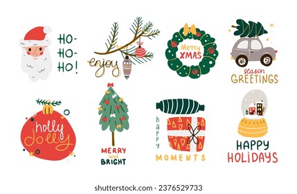 Merry Christmas calligraphy set. Cute Xmas lettering collection. New Year seasonal greetings. Happy holidays typography. Festive flat vector illustrations isolated on white background