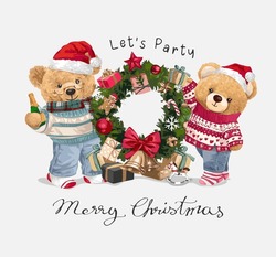 Merry Christmas Calligraphy Slogan With Bear Doll Couple With Decorated Christmas Wreath Vector Illustration