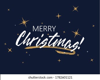 Merry Christmas calligraphy with star sparkles vector banner design. Chic xmas greeting card. Merry Christmas black lettering, gold stars, brush stroke curve line decorative element. Holiday poster