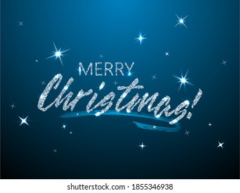 Merry Christmas calligraphy with star sparkles vector banner design. Chic xmas greeting card. Merry Christmas black lettering, silver stars, brush stroke curve line decorative element. Holiday poster