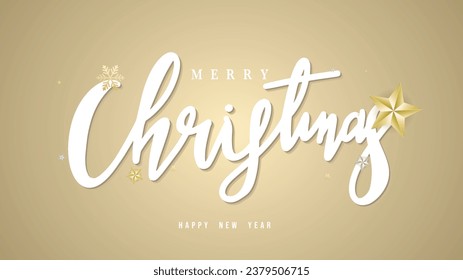 Caligrafía navideña con árbol estrella y nieve sobre fondo dorado , Diseño plano moderno , ilustración Vector EPS 10