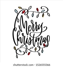 Merry Christmas calligraphy, string lights clipart. Winter holiday, 25 of December celebration hand lettering for card, wall art, party decoration with flourish.