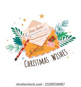 Merry christmas calligraphy.  Christmas surprise letter to Santa Claus in envelope.  Santa claus mail envelope. Greeting card with handwritten inscription. Vector flat illustration isolated on white