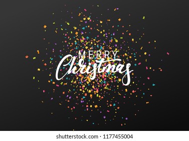 Merry Christmas calligraphy text. Background with colorful confetti texture.